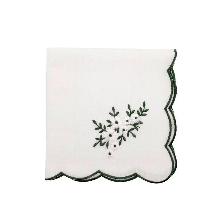 White Embroidered Floral Dinner Napkins with Green Scalloped Edge