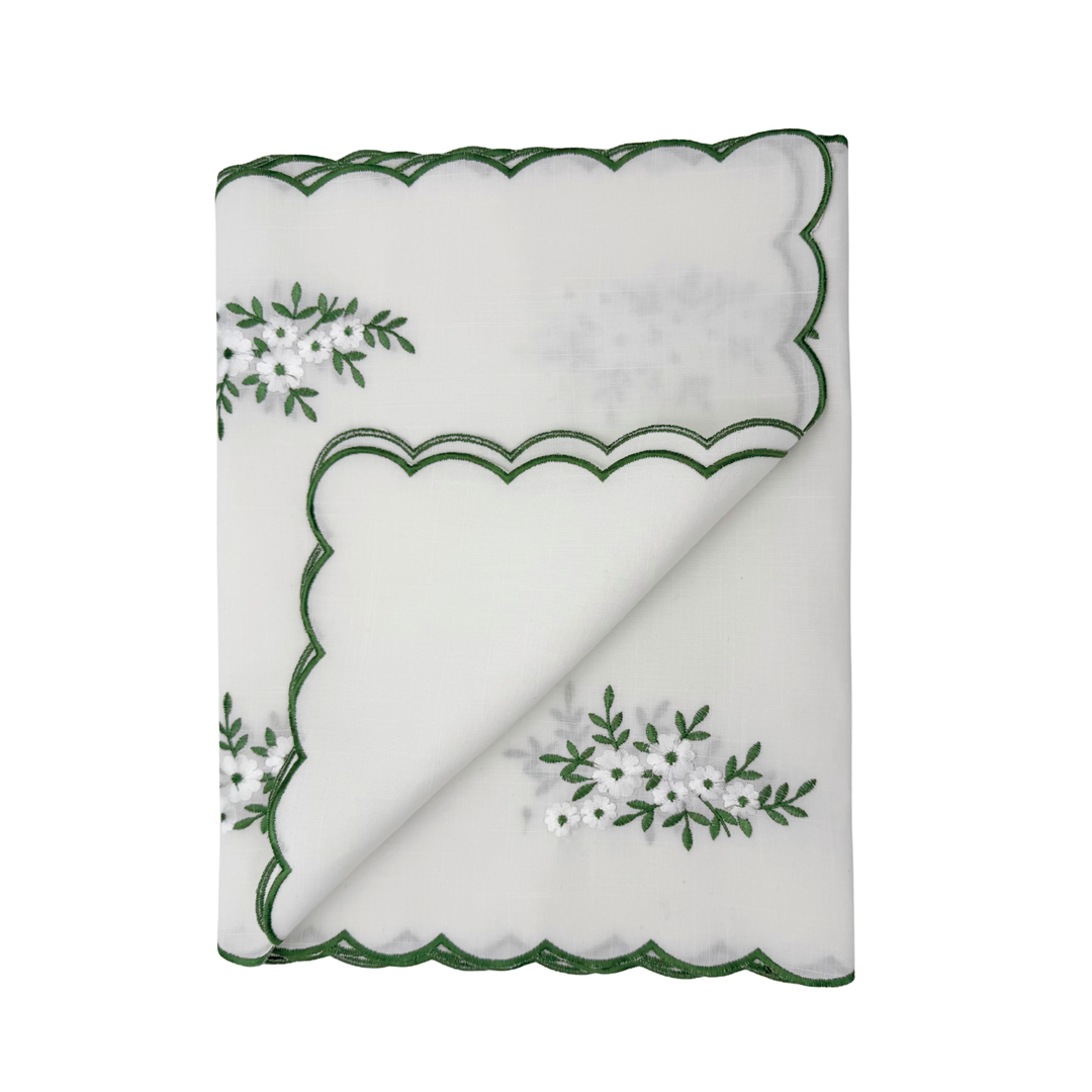 White Table Runner with Green Embroidered Scalloped Edge and Embroidered Flowers