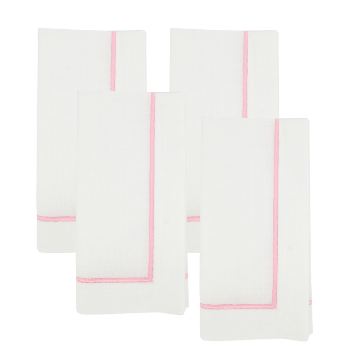 White Dinner Napkins with Pink Embroidered Trim