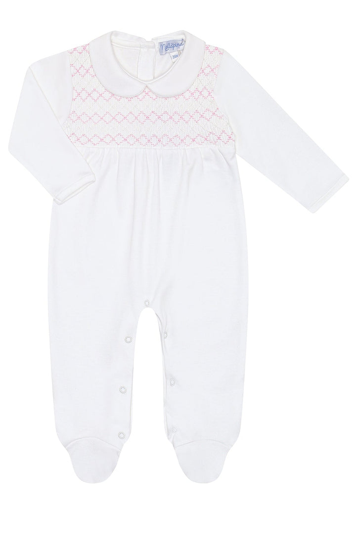 Smocked Pima Cotton Footie White with Pink