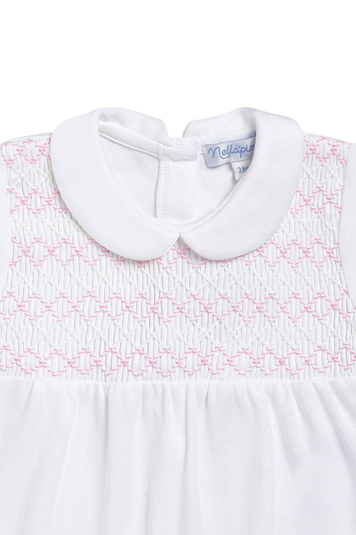 Smocked Pima Cotton Footie White with Pink