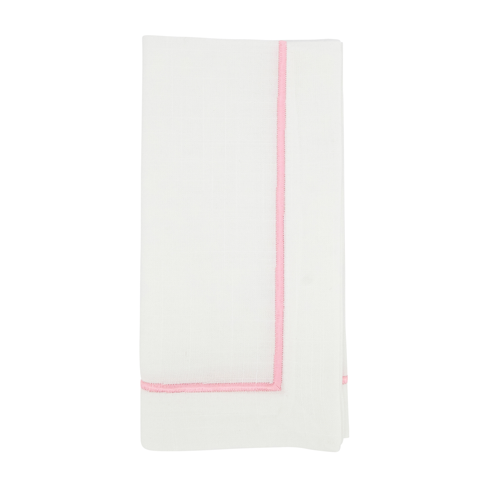 White Napkin with Pink Embroidered Edge - Set of 4