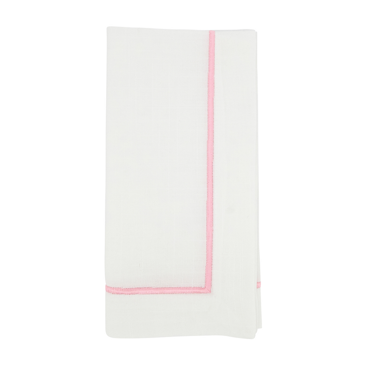 White Napkin with Pink Embroidered Edge - Set of 4