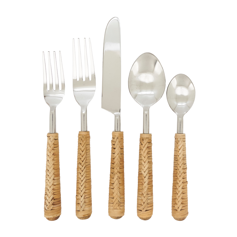 Set of silver cutlery with woven handles on a white background