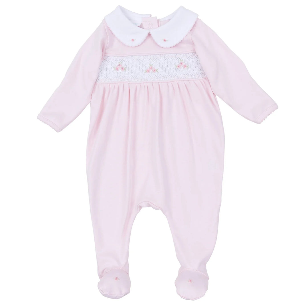 Baby Girl Pink Smocked Footie with Floral Embroidery and white peter pan collar
