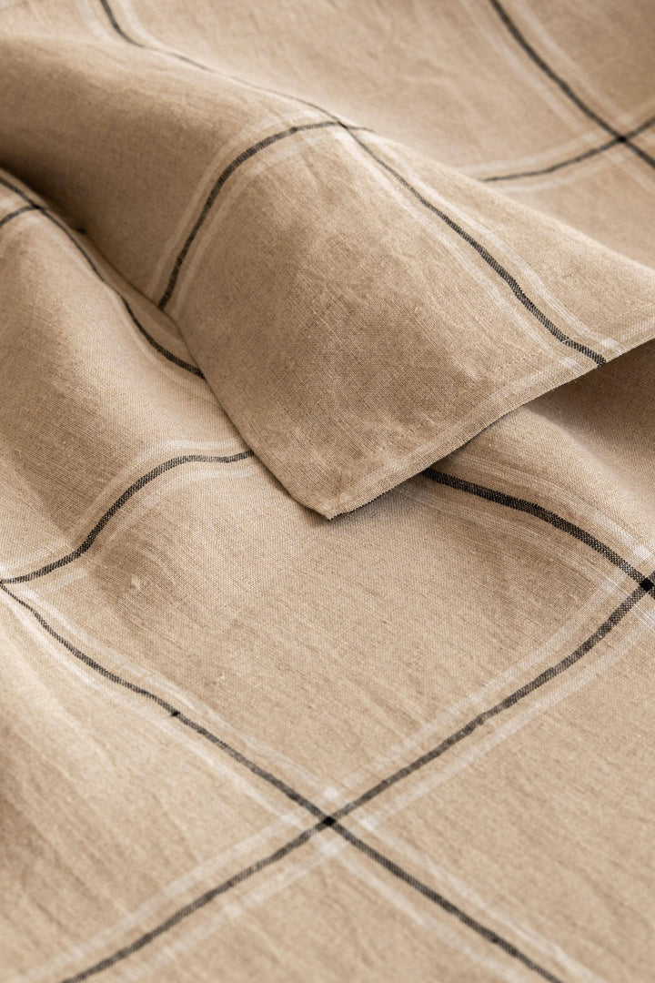 close up of a windowpane check tablecloth