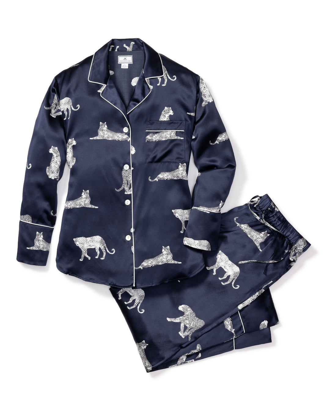 Navy blue pajama set with animal pattern on a white background