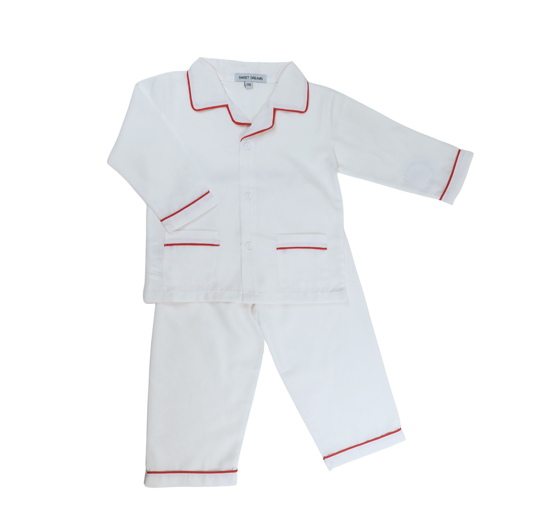 Classic White Toddler Pajama Set with Red Trim