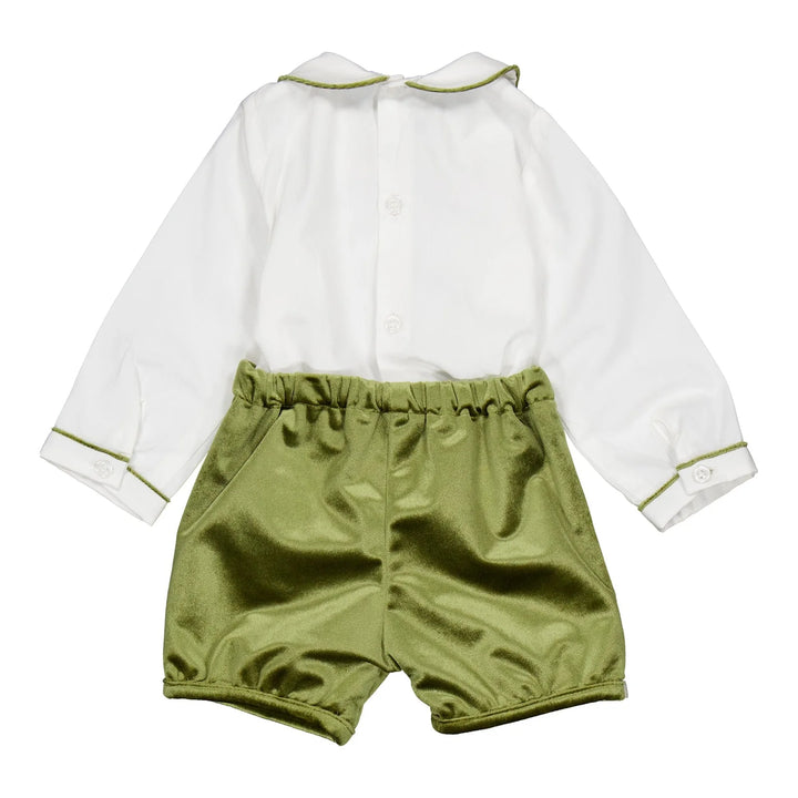 Barnabé baby boy set with white poplin shirt and olive velvet shorts
