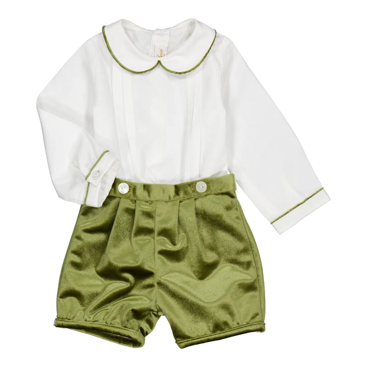 Barnabé baby boy set with white poplin shirt and olive velvet shorts