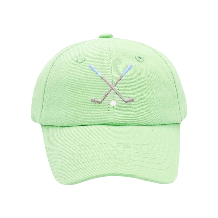 Light green cap with golf club and ball design on a white background