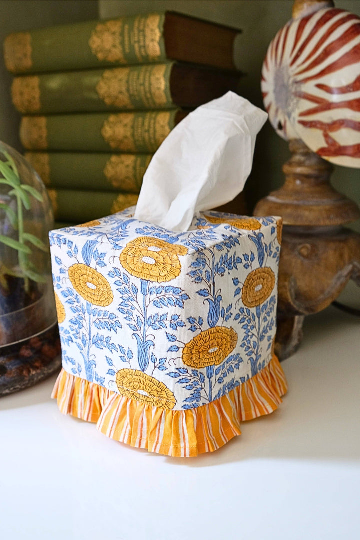 Ruffled Tissue Box Cover in Araminta Yellow Blockprint