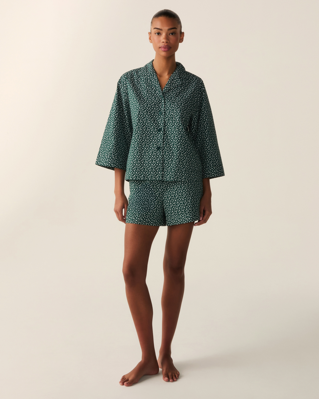 The Olivia Poplin Short Set in Ditsy Waltz Evergreen