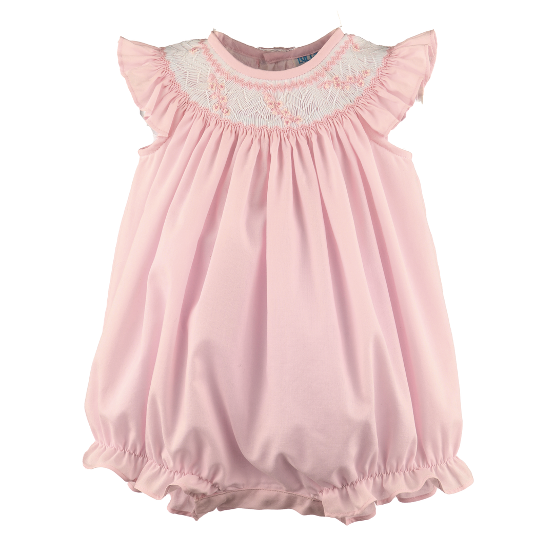 light pink smocked bubble with floral embroidery and flutter sleeves