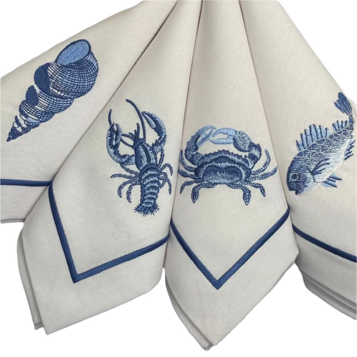 Coastal Themed Embroidered Napkins - Set of 4