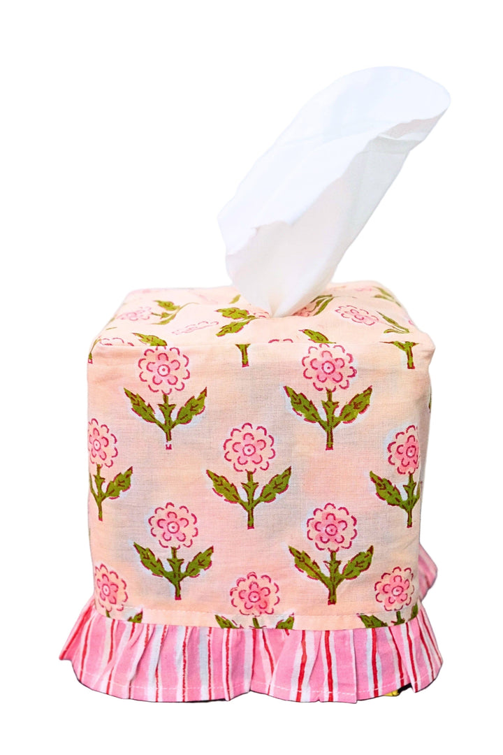Ruffle Tissue Box Cover in Mona Pink Blockprint