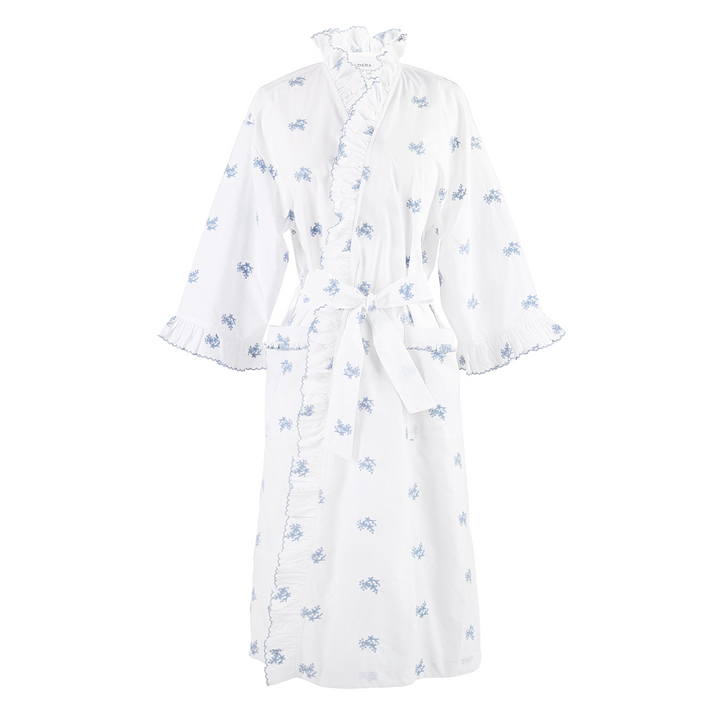 Nancy Cotton Ruffle Embroidered Robe - Blue