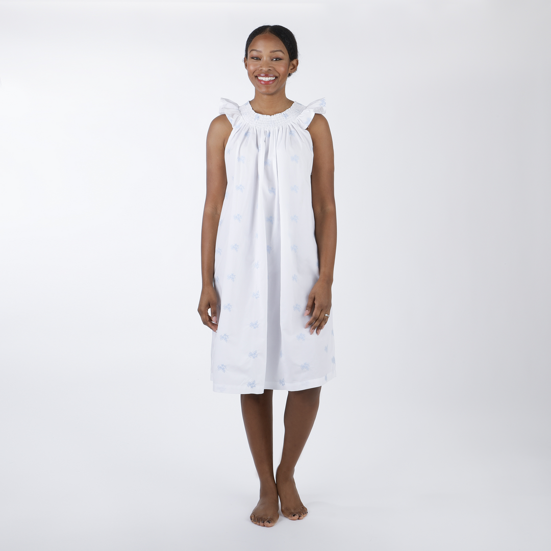Nancy Cotton Embroidered Nightgown - Blue