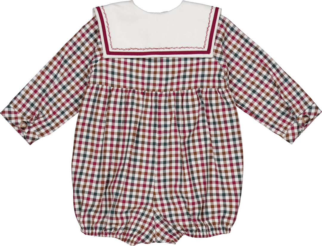 Paulin baby romper in burgundy and pine gingham