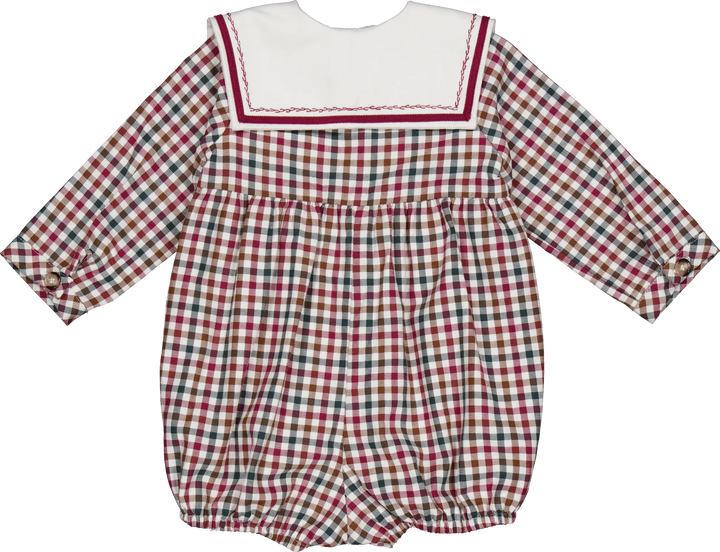 Paulin baby romper in burgundy and pine gingham