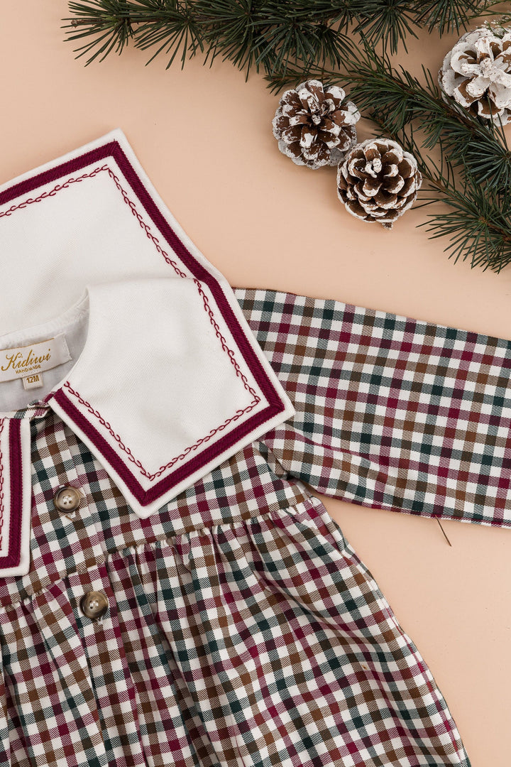 Paulin baby romper in burgundy and pine gingham