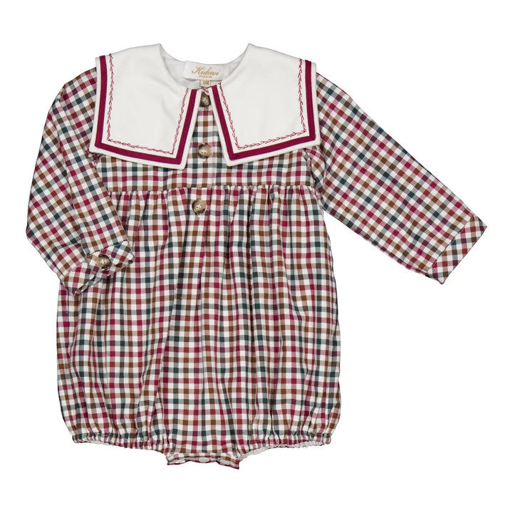 Paulin baby romper in burgundy and pine gingham