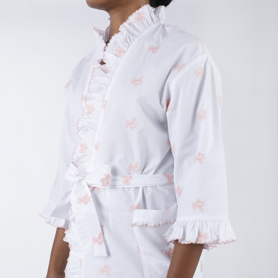 Nancy Cotton Embroidered Ruffle Robe - Pink
