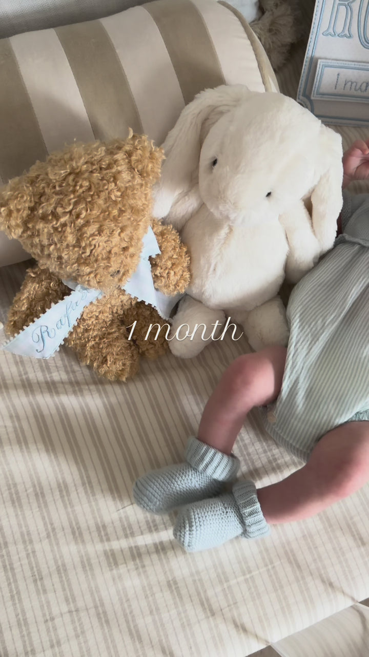 Video of baby's 1st month surrounded by stuffed animals and embroidered pillow