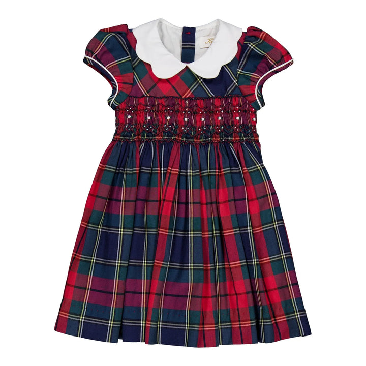 Ritha smocked dress in navy and red tartan