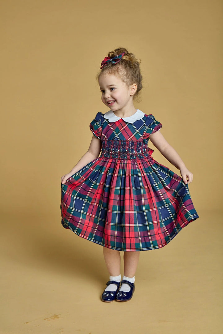 Ritha smocked dress in navy and red tartan